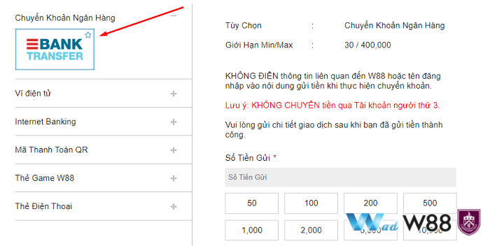 Nạp tiền W88 qua chuyển khoản ngân hàng