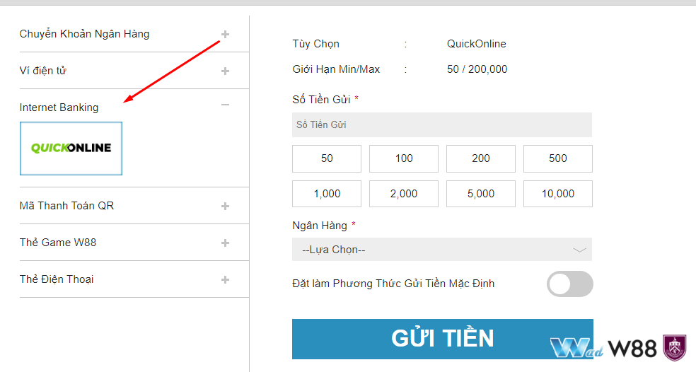 Nạp tiền W88 qua internet banking