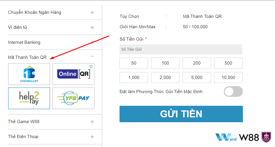 Nạp tiền W88 qua mã thanh toán QR