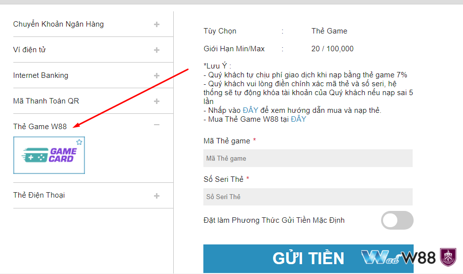 Nạp tiền W88 qua thẻ game W88