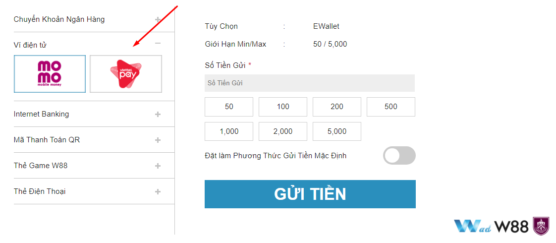 Nạp tiền W88 qua ví điện tử